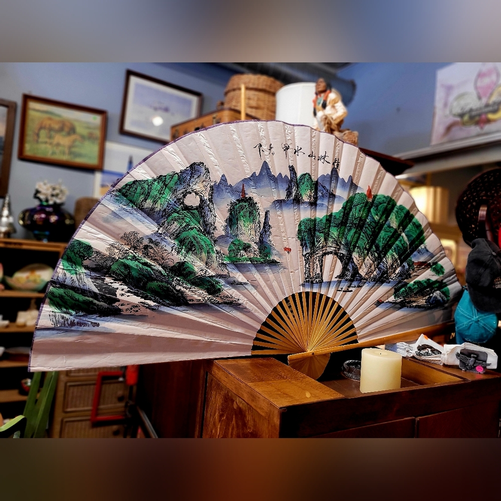 Vintage Hand painted Oriental 63x36 Fan with Scenic Design